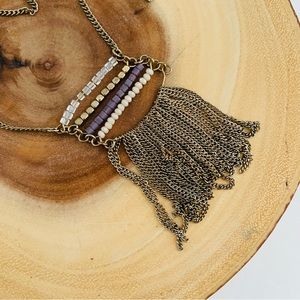 Gold tone boho fringe chain beaded necklace
